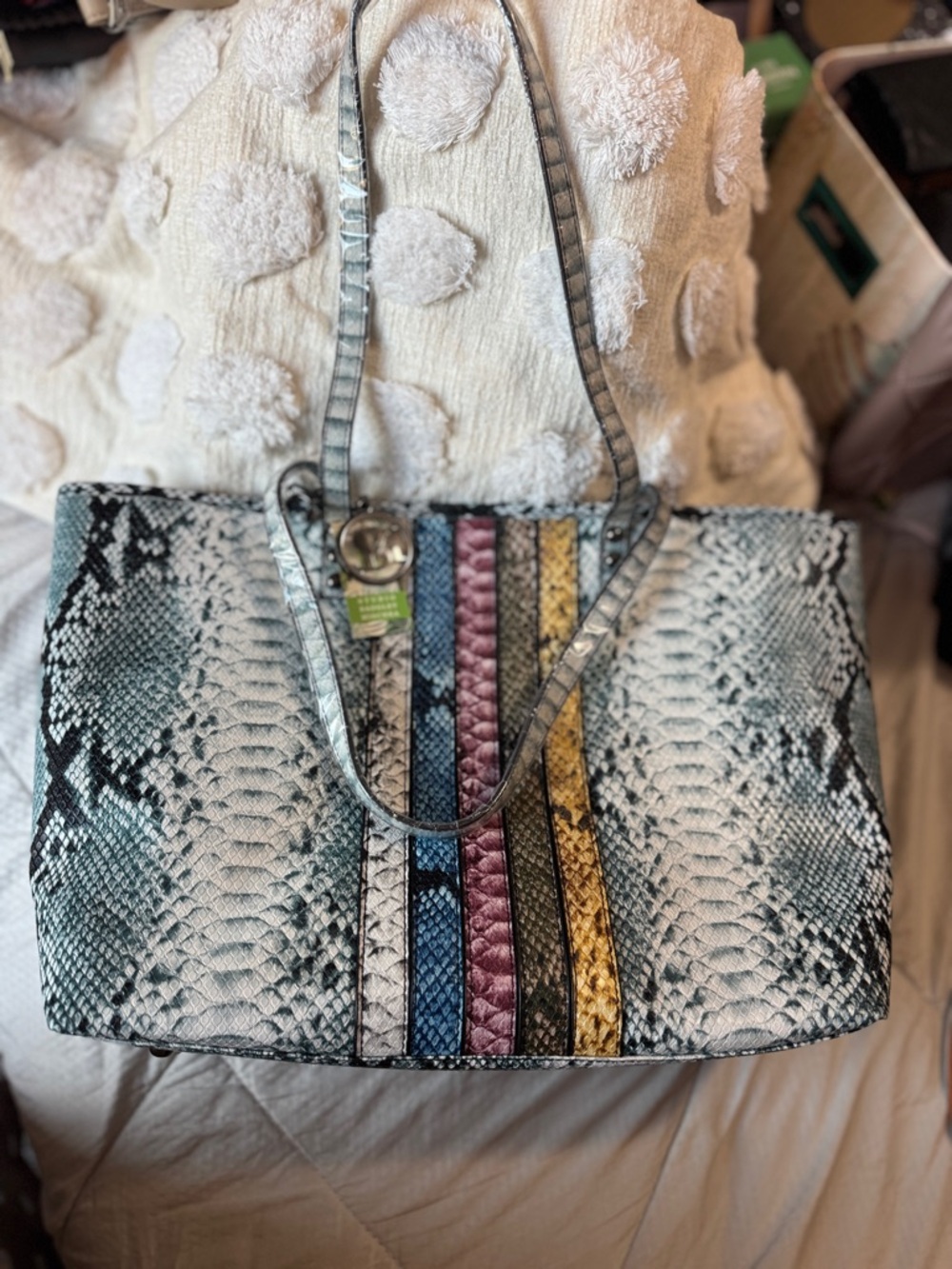 NWT new with tag Badgley Mischka Multicolor Snake-Print Tote with Striped Panels